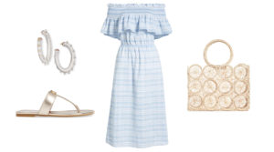 UNDER $100 // ENGLISH FACTORY OFF SHOULDER STRIPE SMOCKED MIDI DRESS