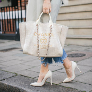 chanel cream gold tweed tote