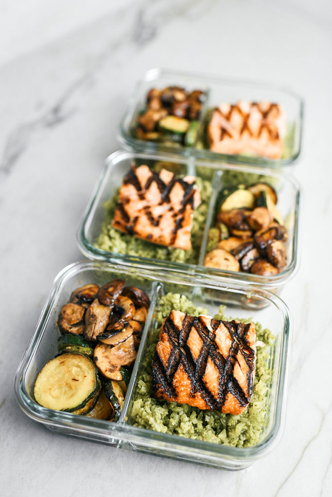 Portion Control Container Meals // Salmon, Cauliflower Pesto Rice, sauteed Zucchini and Mushrooms