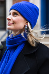 MERRITT BECK IN A GUEST IN RESIDENCE CASHMERE COBALT SWEATER, SCARF AND BEANIE