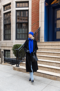 MERRITT BECK IN A GUEST IN RESIDENCE CASHMERE COBALT SWEATER, SCARF AND BEANIE