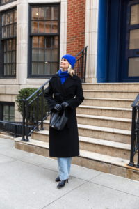 MERRITT BECK IN A GUEST IN RESIDENCE CASHMERE COBALT SWEATER, SCARF AND BEANIE