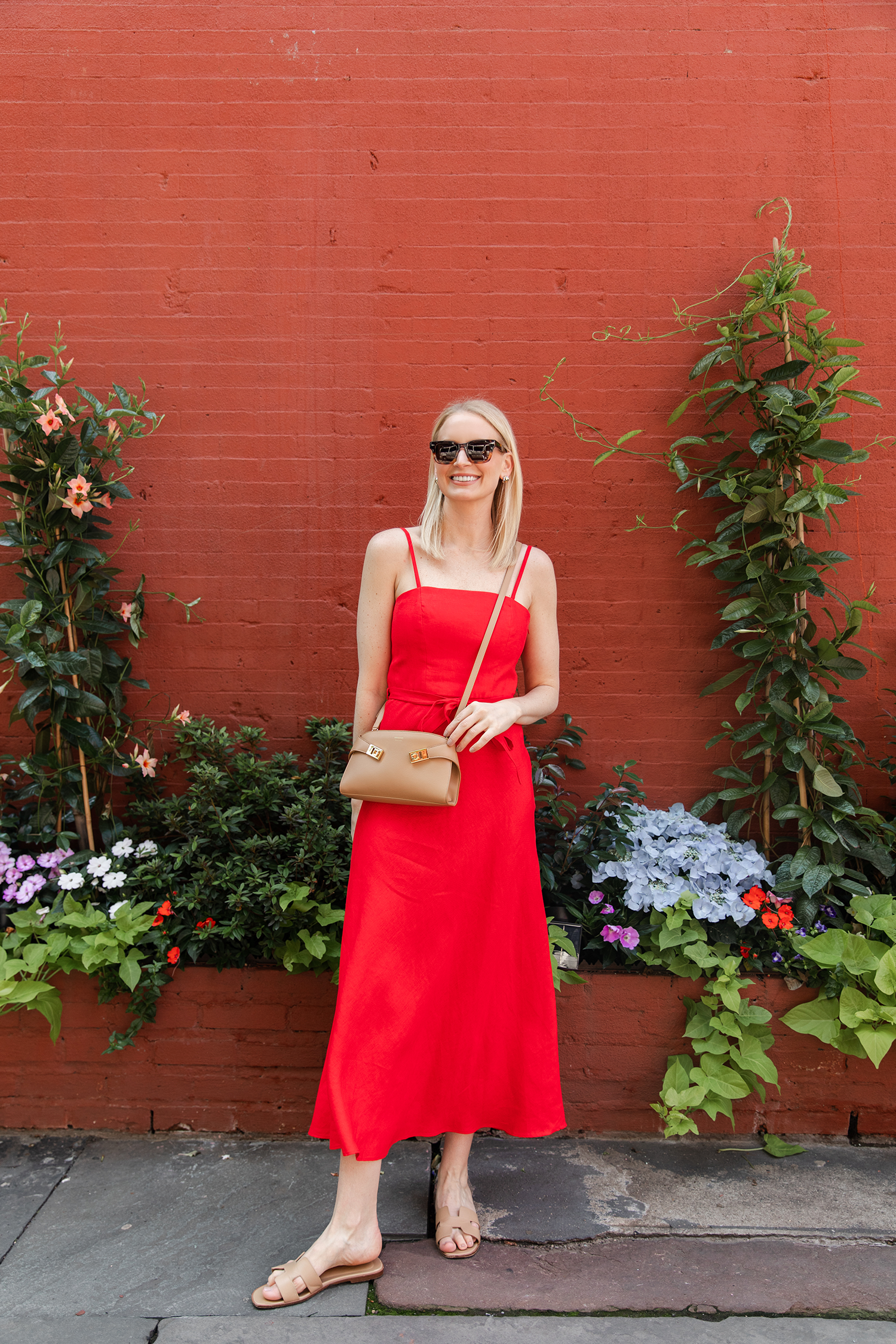The Best 4th of July Weekend Sales // Merritt Beck in a MANGO red linen midi dress and Hermes Oran sandals