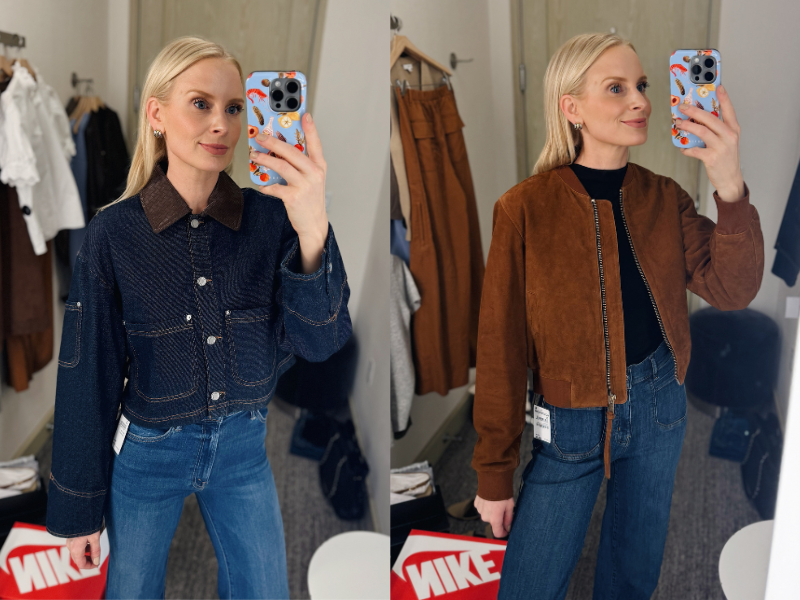 MERRITT BECK TRYING ON DENIM AND SUEDE JACKET