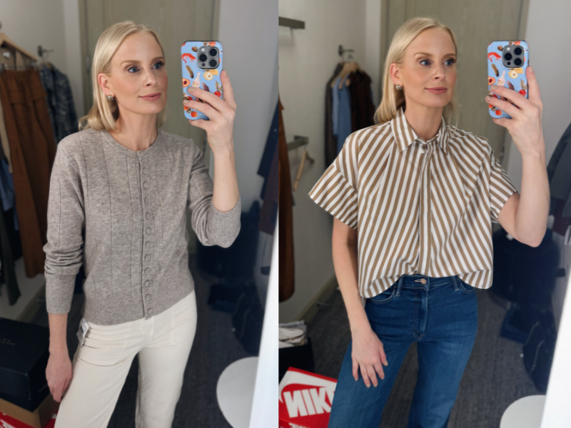 NORDSTROM ANNIVERSARY SALE - WHAT I TRIED ON IN-STORE AND PURCHASED FOR MYSELF INCLUDING THIS STONE-COLORED CARDIGAN AND POPOVER TOP