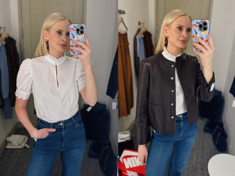 NORDSTROM ANNIVERSARY SALE - WHAT I TRIED ON IN-STORE AND PURCHASED FOR MYSELF - WOMAN TAKING A SELFIE AND WEARING COTTON TOP AND BROWN LEATHER JACKET