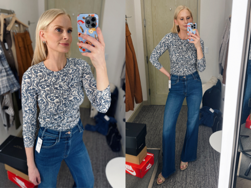 MERRITT BECK WEARING PRINTED LONG-SLEEVED TOP AND JEANS