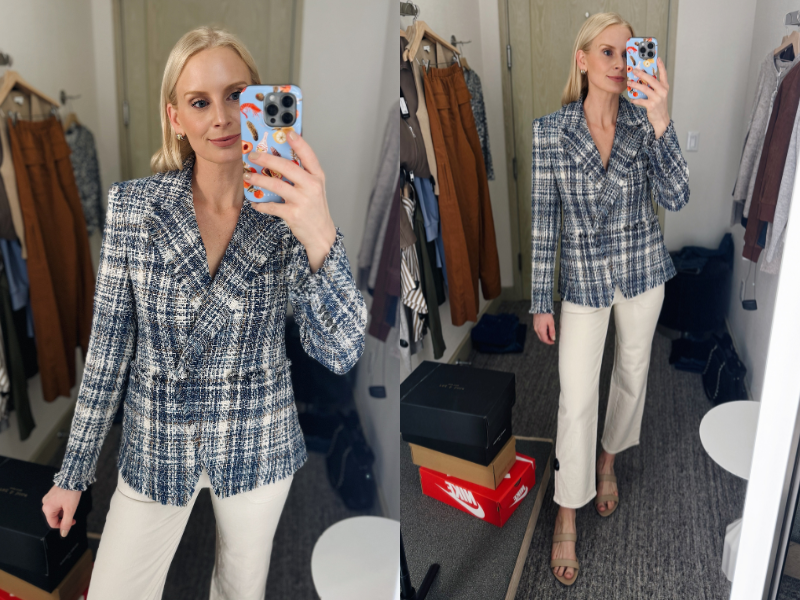 MERRITT BECK TRYING ON TWEED JACKET AND CROPPED JEANS
