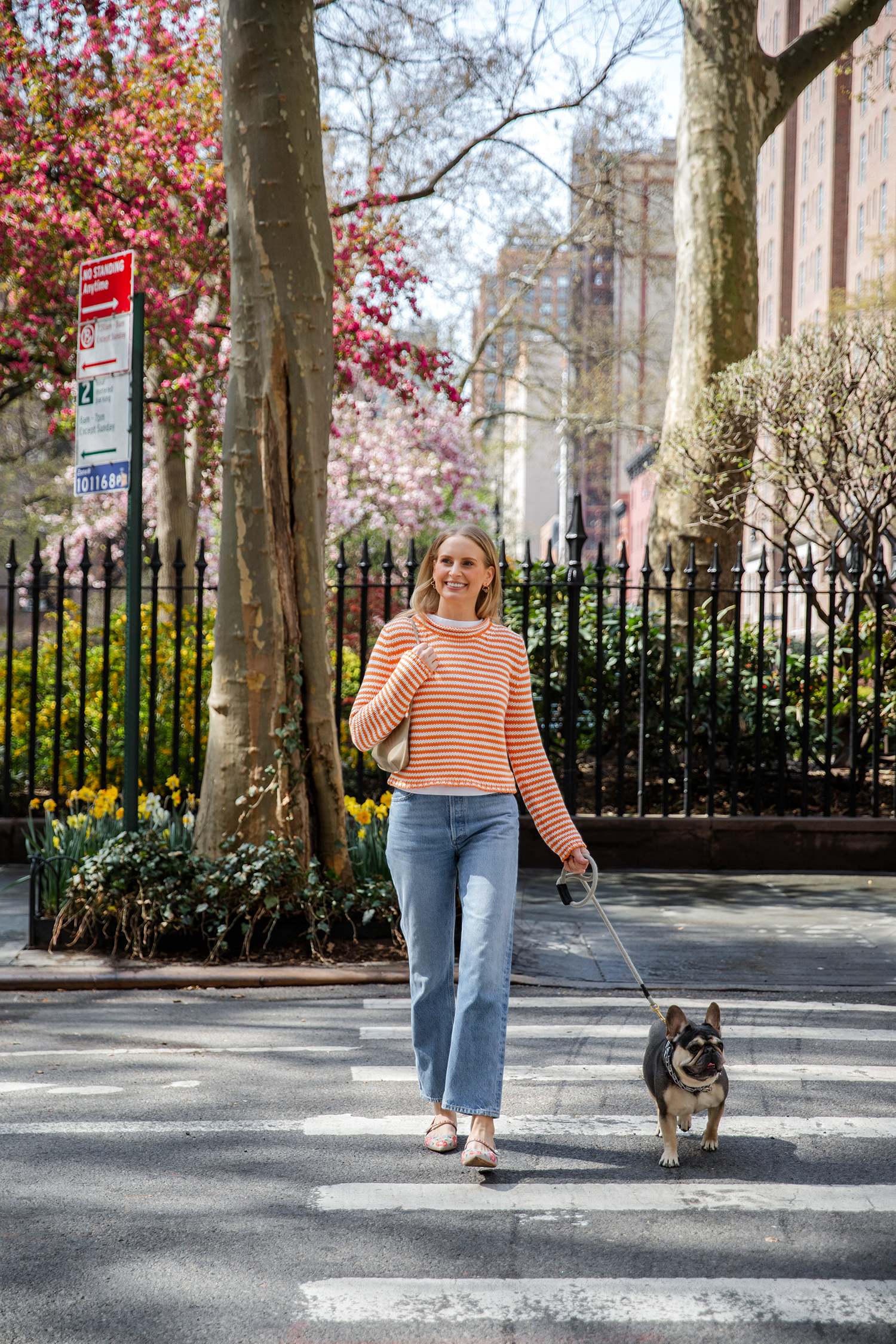 La Ligne Mini Marina Fine Stripe Sweater in Apricot/Cream on Merritt Beck in New York City