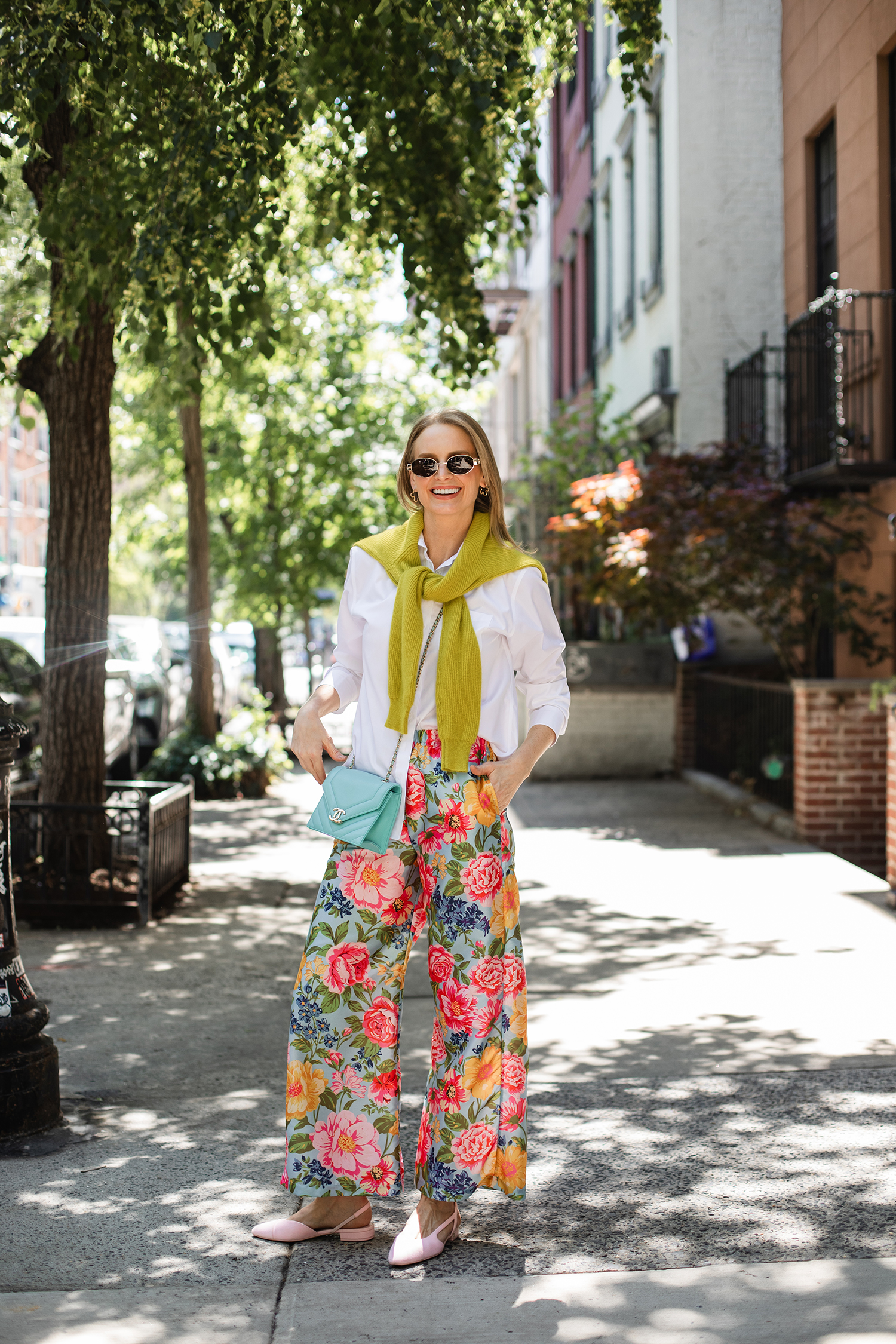 LA MAREGOLD NICOLE PANT IN SKY GARDEN SYMPHONY + CHANEL TURQUOISE CROSSBODY BAG